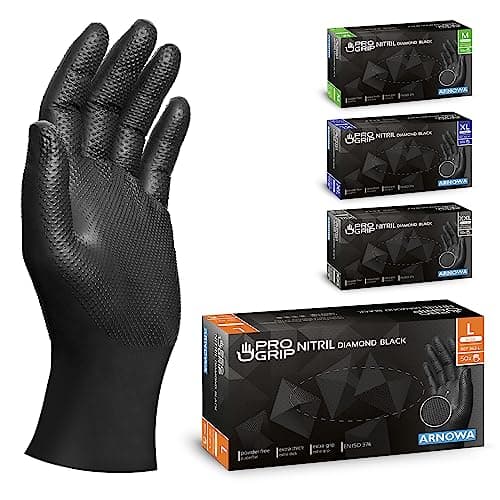 PROGRIP Gants jetables, Gants nitrile extra forts, Gant nitrile noir L, 2x plus épais, Gant noir avec structure diamant, Gants mecanicien extra-résistants, 50 pcs/boîte, gants nitrile M, L, XL, XXL
