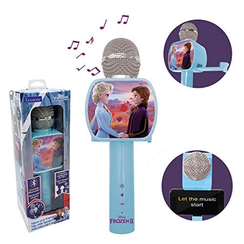 Lexibook- Microphone Bluetooth La Reine des Neiges 2 Elsa Anna Olaf avec Fonction Changement de Voix, Porte-téléphone Inclus, Enceinte intégrée, Bleu, MIC240FZ