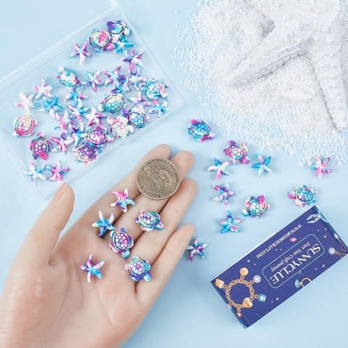 SUNNYCLUE 100 pièce de 2 styles de Perles Turquoise Violettes, Tortue, Étoile de Mer, Été, Océan, Animaux Marins, Vie Marine, Pierres Précieuses Porte-Bonheur, Perles D'Espacement en Vrac pour la Fabr