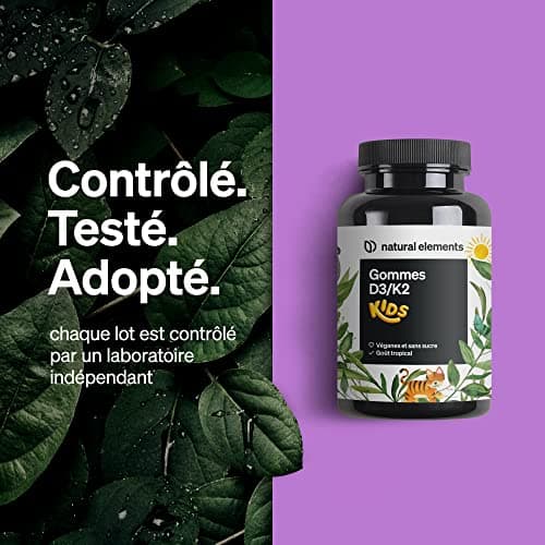 Gommes KIDS aux vitamine D3 et K2 – 120 Gummies – goût tropical – végane, sans sucre, dosage adapté aux enfants – produit et contrôlé en laboratoire en Allemagne
