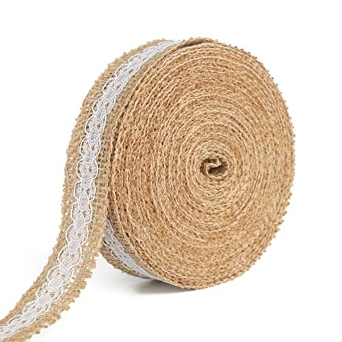 jijAcraft 2,5cm Ruban Jute Dentelle, 10M Dentelle Rouleau Toile de Jute, Rouleau Toile de Jute Naturel pour décorer Mariages Champêtres Anniversaires Artisanat