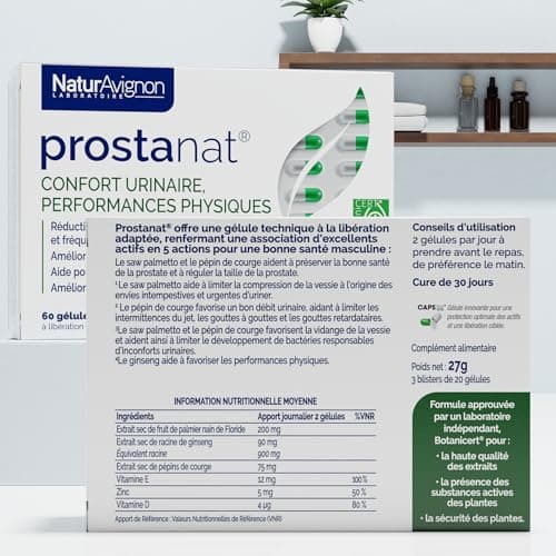 Laboratoire NaturAvignon Prostanat | Prostate, Confort urinaire, Performance physique | Saw Palmetto + Pépins de courge + Ginseng | Fabriqué en France | 60 gélules (1mois)