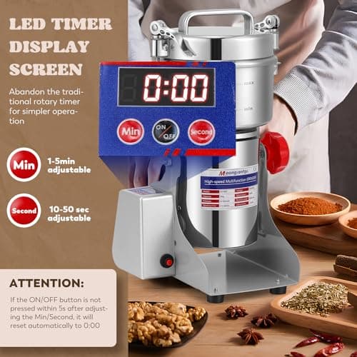 Moongiantgo 800g Moulin Céréales Électrique Numérique avec Affichage LED, Acier Inoxydable & Haute Vitesse Moteur Commercial 2500W 36000RPM pour Céréale Séché/Herbes/Épices/Noix - Manual en Français