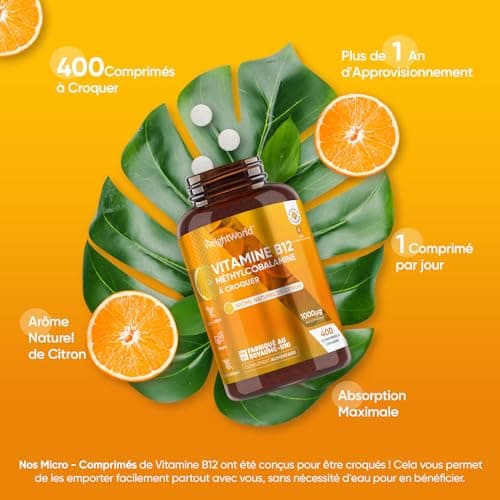 Vitamine B12 Méthylcobalamine 1000mcg - 400 Comprimés À Croquer Goût Citron Forte Dose - Vitamine B12 Vegan Pure Pour Fatigue, Immunité, Métabolisme, Système Nerveux (EFSA) - B12 Vitamine Adulte