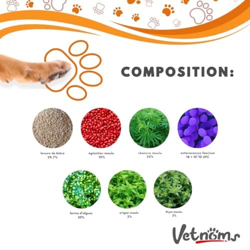Vetnoms Probiotique Chien en Poudre - Complement Alimentaire Chien avec Levure de Bière Chien pour Un Usage Régulier. Soulage la Diarrhée chez Le Chien, la Dermatite chez Le Chien.