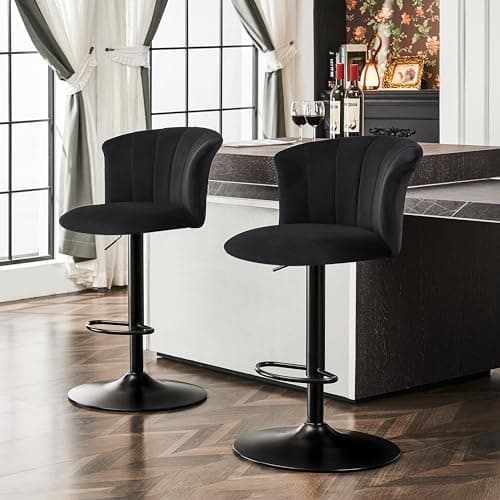 STOOLINK Tabouret de Bar Lot de 2 Chaise de Bar Tissu Velours Soie, Cuisine Siège Bar Réglables Chaises Bar, Tabourets de Bar avec Repose-Pieds, Convient pour Cuisine, Comptoir, Bar-Noir