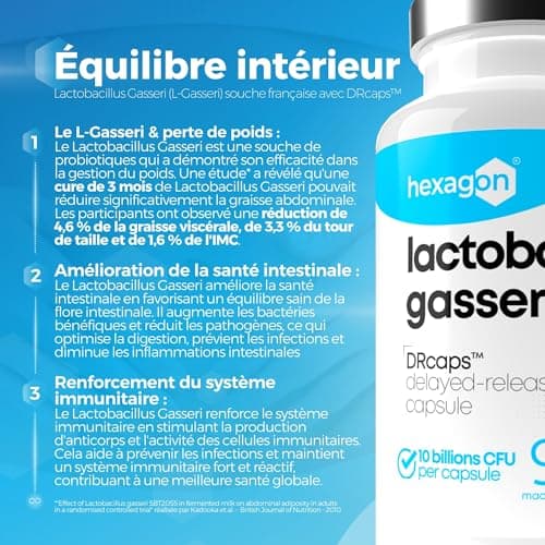 Lactobacillus Gasseri 10 Milliards UFC/Gélule - Cure Complète de +3 Mois - Probiotique Ventre Plat L-Gasseri - Soutien Digestif - FreshcareTM Fraîcheur Optimale - 90 Gélules DRcapsTM - Vegan - Hexagon