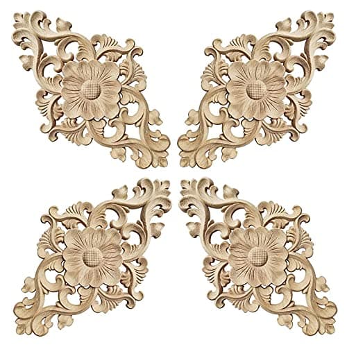4 Pièces Bois Sculpté Onlay Applique Non Peint Onlay Cadre | Porte Décoration Style Applique en Bois Sculpté Décalque Creux Décoratif Applique Incrustation Artisanat pour Armoires