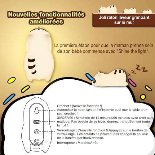 QUIGO Veilleuse Enfant Veilleuse Bébé Rechargeable Lampe de Chevet avec USB Raton Laveur Silicone Tactile Veilleuse LED,Enfant Cadeau D'enfant Cadeau Jouet Garçons et filles