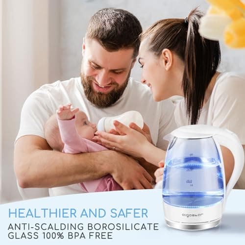 Aigostar Eve - Bouilloire Électrique en Verre Borosilicaté avec éclairage LED Bleu, Cristal Transparente, 2200W, 1,7L, Filtre Anticalcaire,Arrêt automatique, Base 360°,Sans BPA, Blanche