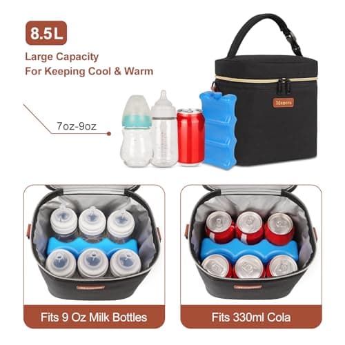 Mancro Sac Isotherme Bebe, Glacière Lait Maternel avec Poche Glacée, Sac Isotherme Biberon pour 6 Biberons, Bandoulière pour Boîte à Lunch pour Maman, Infirmière, Garderie, Noir