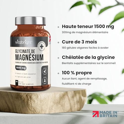 Magnesium Bisglycinate 1500mg, 3 Mois, 300mg de Magnesium Pur Élémentaire en Poudre, 180 Gelules de Magnesium Bio, Magnésium Bisglycinate/Bisglycinate de Magnésium Bio, VitaBright Magnesium Glycinate