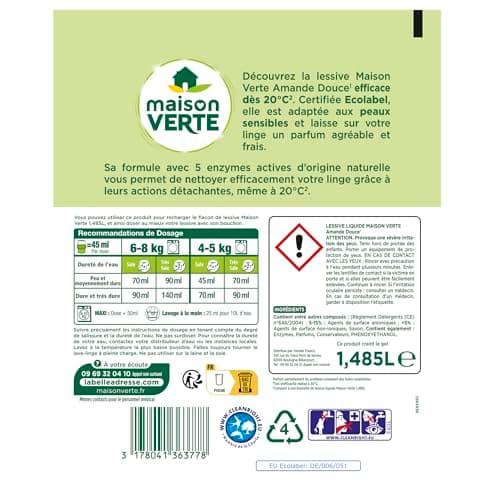 Maison Verte - Recharge Lessive Liquide - Parfum aux Huiles Essentielles - Lessive Détachante - Amande Douce - Peaux Sensibles - Efficace dès 20°C - 5 Enzymes Actives d'Origine Naturelle - 33 Lavages