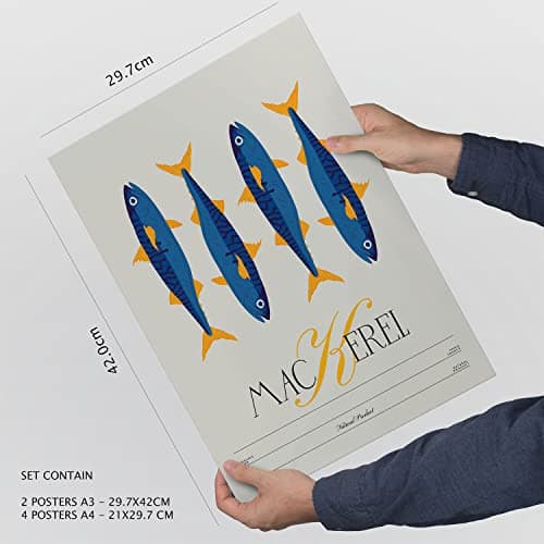 Nacnic Ensemble de 6 affiches sur l'alimentation et la nutrition. Produits de la mer. Affiches nature et nutrition pour l'aménagement intérieur et la décoration. A3 et A4, cadres noirs.