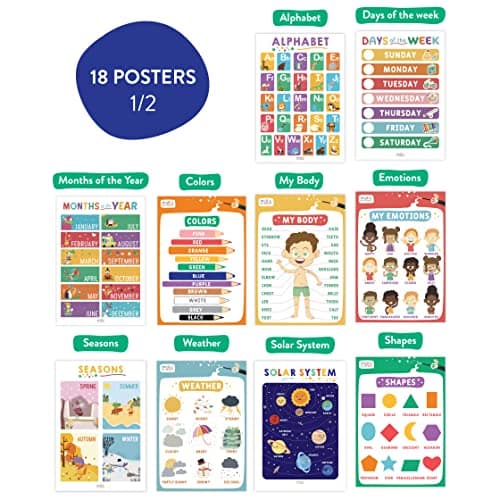 Magic Scholars | Posters pour Apprendre l'Anglais Enfant, Activités Pré/scolaire | Poster Educatif pour Apprendre l'Alphabet, Les Jours De La Semaine, L'heure, Les Numéros, Les Saisons et+ (Lot de 18)