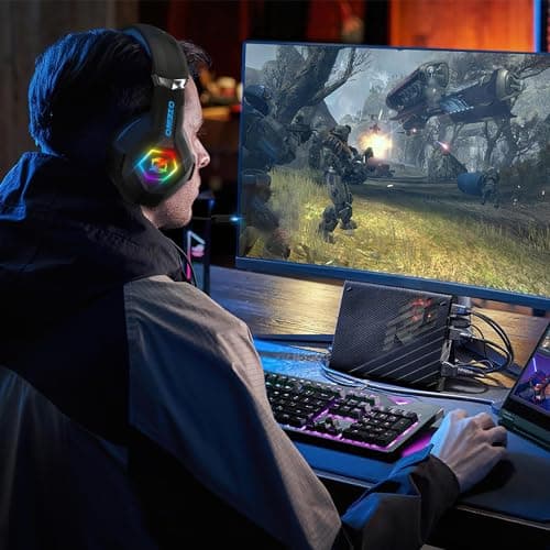 Ozeino Casque Gaming pour PS5 PC PS4, Casque Gamer pour Micro RGB 7 Couleurs Transducteurs 50mm Stéréo Basse Micro Anti-Bruit Réglable Compatible avec Switch Xbox Series X & S-Bleu Nior