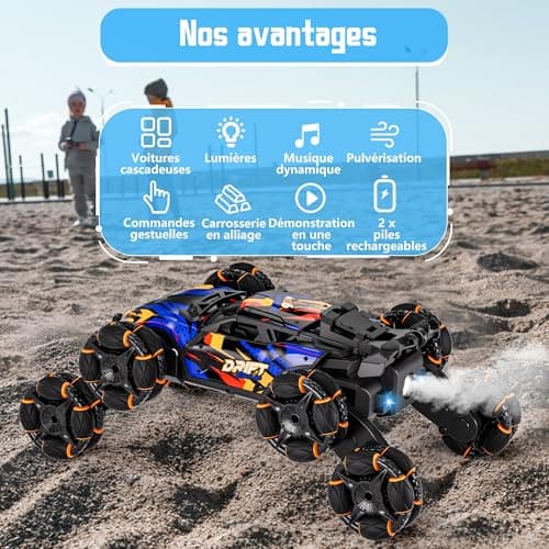 Aragallant Voiture Télécommandée, 8WD RC Stunt Car, 360 ° Rotation Capteur Gestuel Voiture télécommandée avec Musique Lumière et Spray, Jouet Cadeaux pour Enfant Garçon Fille 3+ Ans