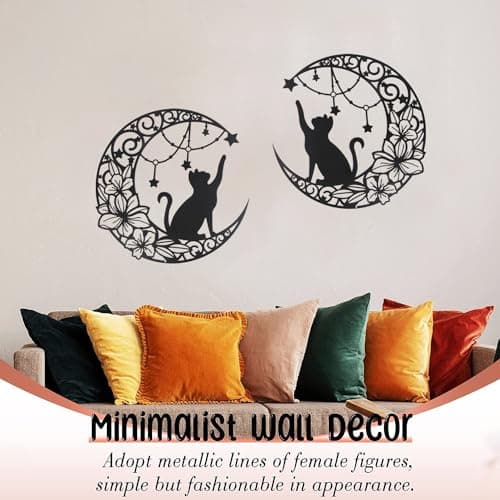 momgyaamz 11,8" Art Mural Noir en Métal, Chat qui choisit des étoiles sur la lune Décoration Murale Ronde Silhouette Art, pour Cadeau intérieures et extérieures Jardin Maison Décoration(30x30cm)