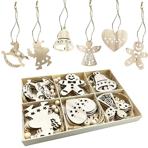 FRUHLING 30 Pièces Pendentifs en Bois de Noël Decoration Sapin Noël Bois Arbre de Noël Ornements avec Boîte en Bois pour Etiquette de Cadeau et Décoration Bricolage 6 Styles
