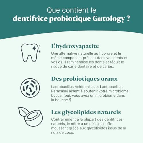 Gutology Dentifrice probiotique naturel, 120 ml, sans fluor, à l'hydroxyapatite, reminéralisant, pour adultes et enfants, aide les dents sensibles et blanchit, goût menthe sauvage