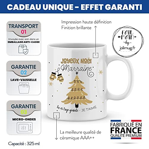 ÉNJA Création Cadeau NOËL - Mug MARRAINE. Marraine/Tasse – Joyeux Noël - Cadeau fêtes de fin d'année personnalisé. Cadeau original. Céramique haute qualité 11oz - 320 ML (MARRAINE)