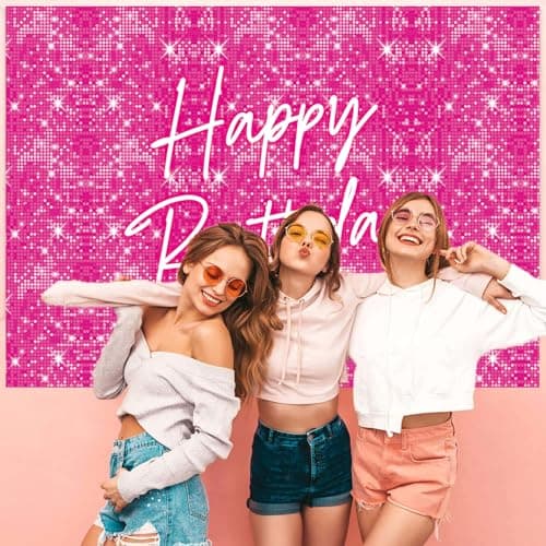 Toile de fond rose vif « Happy Birthday » à paillettes brillantes de 2,1 x 1,5 m pour photographie de filles et femmes, décoration de fête d'anniversaire pour filles et femmes, accessoires photo