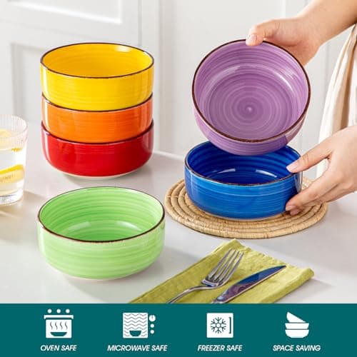 vancasso Série BONITA Lot de 6 Bols à Petit Déjeuner en Grès de 720 ml, 14.6cm Bol Ramen, Bol à Céréales, Passe au Lave-vaisselle et au Micro-ondes, pour Salade, Porridge, Riz, Multicoloré