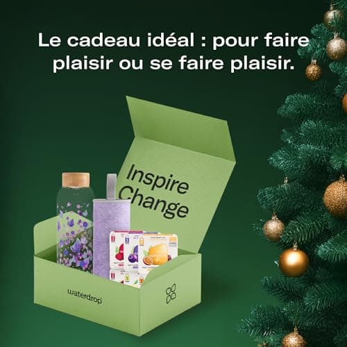waterdrop® Coffret Cadeau, Bouteille en Verre 600ml, Étanche et Compatible avec Eau Gazeuse, 18 Cubes à Boire Sans Sucre, Idée Cadeau Noël Femme & Homme, Premium Cadeau de Noël, Idéal Coffret Cadeau