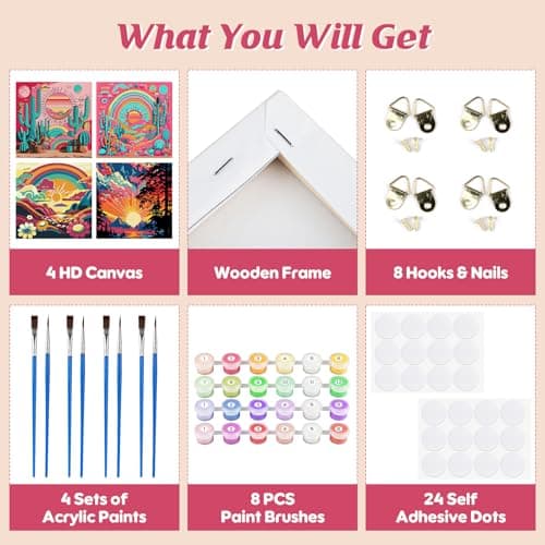 GHHKUD 4 Pack Paysage Peinture à Numéros Enfants Adultes Débutants, DIY Peinture Acrylique pour Adultes Enfants débutants Facile sur Toile avec peintures et pinceaux, Kits de Loisirs Créatifs 20×20cm