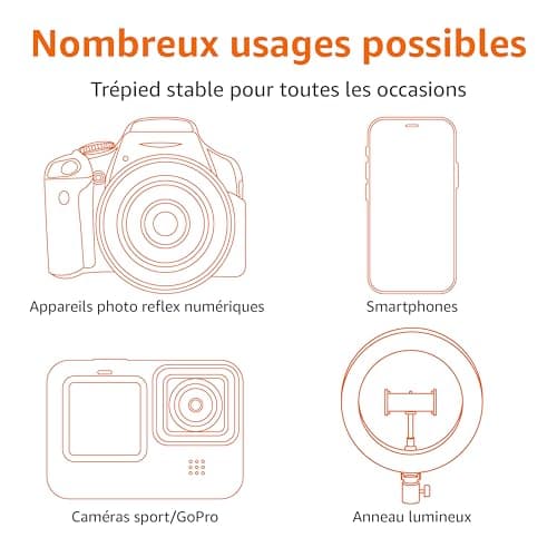 Amazon Basics Trépied pour iPhones extensible jusqu’à 162 cm avec fonctions perche à selfie et trépied, noir