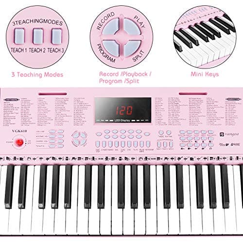 Vangoa Clavier de Piano 61 Mini Touches Clavier Piano électronique avec 3 modes d'enseignement, microphone, 350 sons, 350 rythmes, 30 démos, Rose