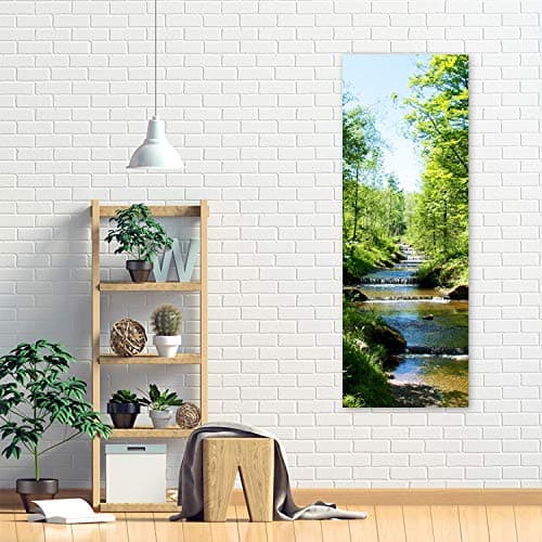 Feeby Impression sur Toile Intissé Ruisseau De La Cascade 30x90 cm Image Moderne Tableau Déco Mural Salle De Séjour Arbres De La Forêt vert