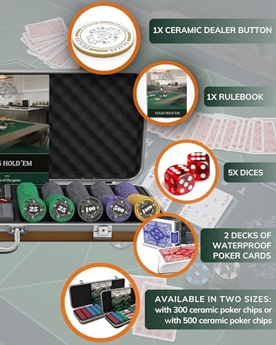 Bullets Playing Cards - Coffret de poker Silvio – Set de poker avec 500 jetons de poker en céramique avec valeurs imprimées, avec bouton de dealer en céramique, lot de 2 cartes de poker