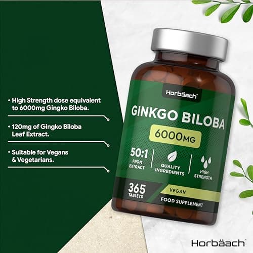 Ginkgo Biloba 6000mg | 365 Vegan Comprimes et non Gelules (1 An) | Extrait 50:1 de Gingko Biloba Forte | Facile à Avaler | Ginko Biloba | par Horbaach