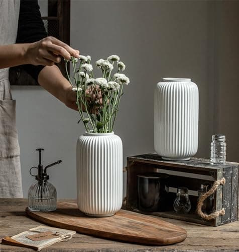 Hauteur 20 cm Vase Côtelé en Ceramique Blanc pour Pampa, Vases Decoratif pour Centre de Table Decoration