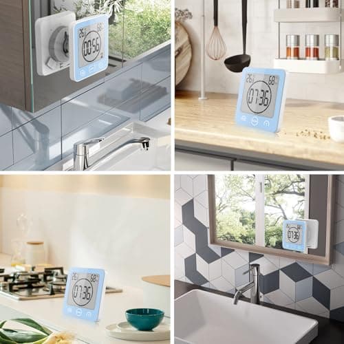 Horloge de Salle de Bain, Horloge de Douche Contrôle Tactile étanche, Alarme Numérique LCD, Thermomètre Hygromètre, Minuterie de Compte à Rebours, Alimenté par Pile, pour Maquillage Cuisine (Bleu)