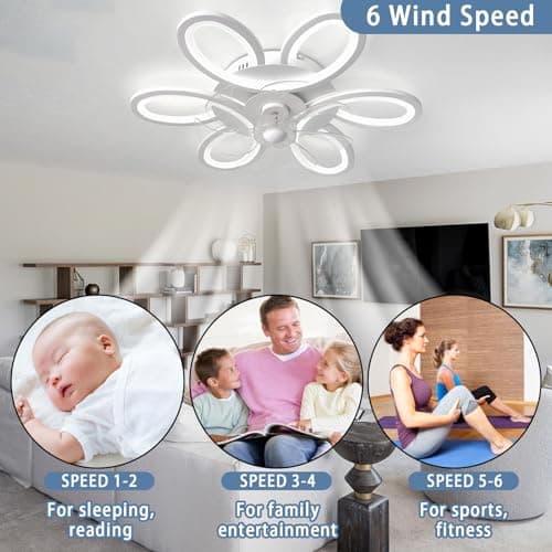 LED Ventilateur Plafond Avec Lumiere Alexa Silencieux Dimmable Fleur Lustre Ventilateur De Plafond Chambre Télécommande Réversible Lampe Ventilateur Intelligent Moderne 65cm Pour Salon, Cuisine