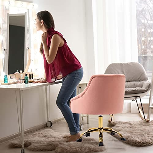 WOEOA Chaise de Bureau en Velours, Chaise pivotante Ergonomique, Chaise de Bureau à roulettes, réglable en Hauteur, pour Bureau, Chambre, Coiffeuse, jusqu'à 135 kg, Filles Femmes - Rose