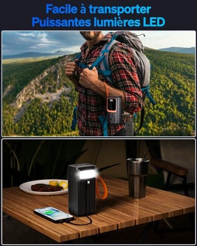 Power Bank de 50000 mAh avec câble intégré : Batterie Externe de Charge Rapide de 22,5 W avec Grande capacité, Chargeur Portable avec Lampe de Poche LED et 7 Sorties et 3 entrées-Noir with