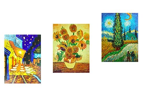 Fokenzary Peinture à l'huile sur toile peinte à la main Vincent Van Gogh - 3 œuvres d'art classiques - 3 tableaux - Décoration murale - Prêt à accrocher - 3 pièces