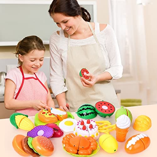 Fegalop 32 Pièces Jouets en Plastique Fruits et Légumes à Découper, Dinette Enfant Accessoire Cuisine Jouet, Chef Jeu de rôle avec,Cadeau Parfait pour Noël et fête d'anniversaire 3 Ans (Bleu)