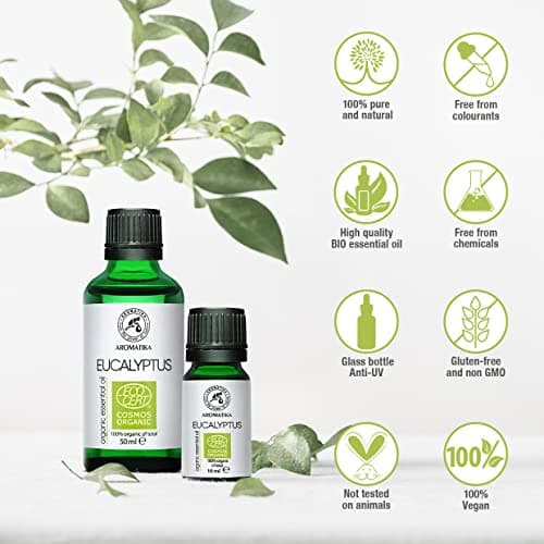 Huile d'Eucalyptus Bio 50 ml - Eucalyptus Globulus Organic - Huile Essentielle Bio - Huile d'Eucalyptus pour Diffuseur et Lampe Aroma - Huile de Sauna - Parfums d'Intérieur - Aromathérapie