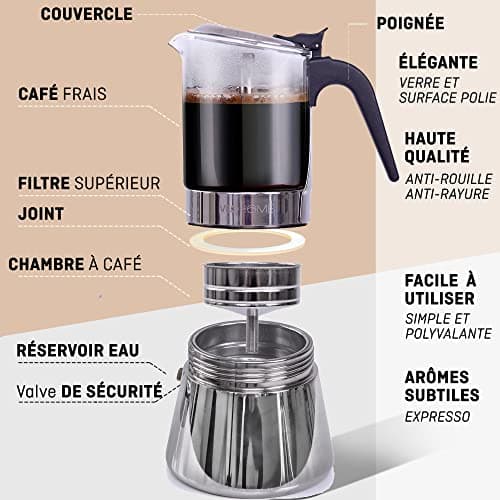 VeoHome Cafetière Italienne en verre et inox 360 ML – Cafetière Moka Induction, Gaz, Céramique Style Expresso – 7 tasses, Sûre et Lavable au Lave-Vaisselle