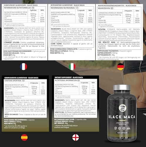 Maca Noire Extra Forte 24000mg - 120 Gelules - Extrait de Maca Noir 20:1 Améliore la Performance homme et femme Macca L-Arginine, Zinc, Vitamine B6 et B12 pour combat la fatigue et le stress Oxydant