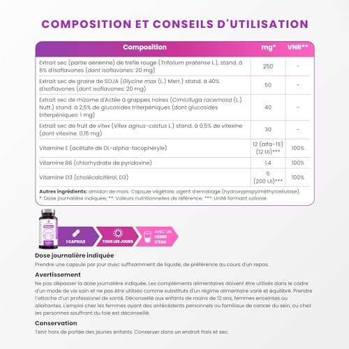 Ménopause Traitement - Isoflavones de Soja et Trèfle Rouge, Extraits Concentrés d'Actée à Grappes Noires, Gattilier et Vitamines E, B6, D3 - Sans additifs - 60 gélules (2 mois) - Menovon