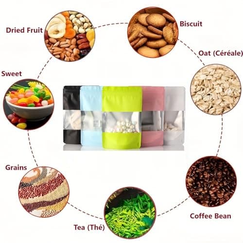 Rimiko 100 Pcs Sachets Alimentaires Debout avec Fenêtre Transparente, Sachet Zip Refermable Aluminium Stand up, Sac Pochette Mylar pour Conservation des Aliments (Doré,10x15 cm)