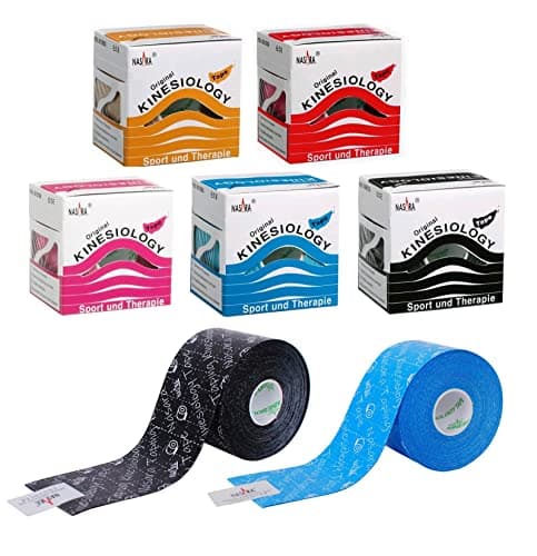 Nasara Bande de kinésiologie dans une boîte pratique, Bande pour sport et médecine, lot économique 1x bleu 1x rose 1 rouge 1x noir 1x beige, 5cm x 5m