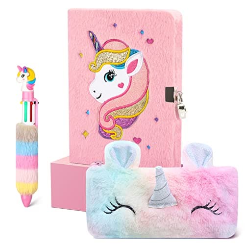 Cooyou Journal Intime Licorne Fille avec Cadenas, Carnet Secret pour Fille en Peluche Comprenant une Cahier A5 et une Licorne Trousse à Crayons, Cadeau Licorne pour Fille 4-12 Ans, Rose