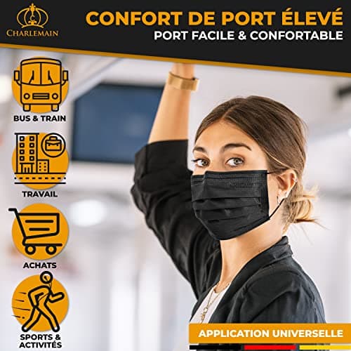 Masque chirurgical Charlemain 50x, Noir, MADE IN GERMANY, EN 14683 type IIR, certifié CE, protection buccale et nasale médicale, BFE > 99%, 3 plis, résistant aux éclaboussures, inodore, sans latex