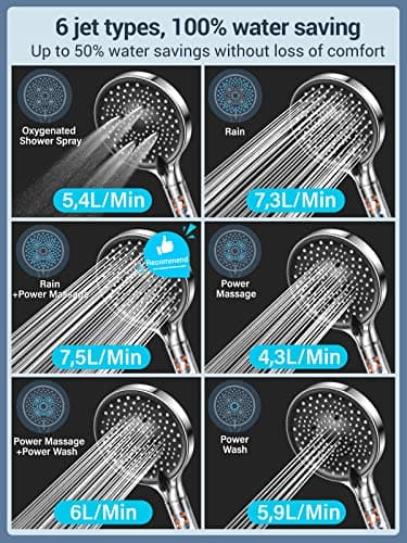 Pommeau de Duche avec tuyau 1,6M, YEAUPE PRO Pommeau de Douche Economie Deau, Pommeau de Douche Anti calcaire Grand (⌀130mm), Pommeau de Douche Haute Pression avec 6 types de jets, Chrome
